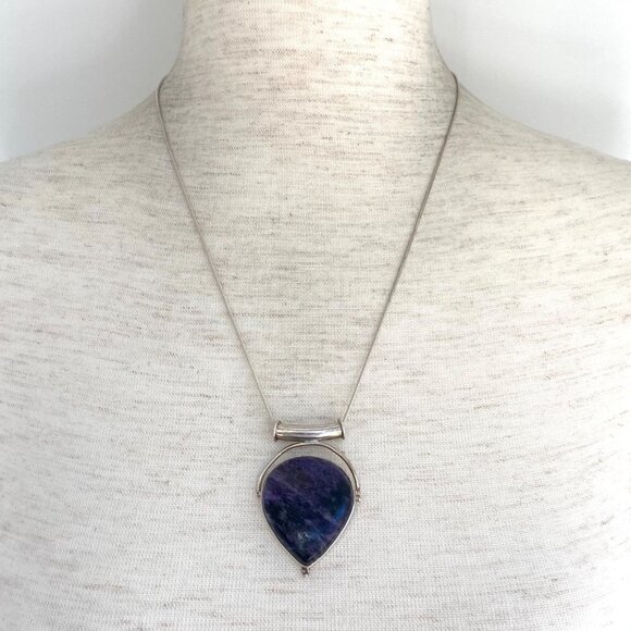 Sterling Silver 925 Teardrop Bezel Set Purple Charoite Pendant Necklace 20" - Picture 2 of 16